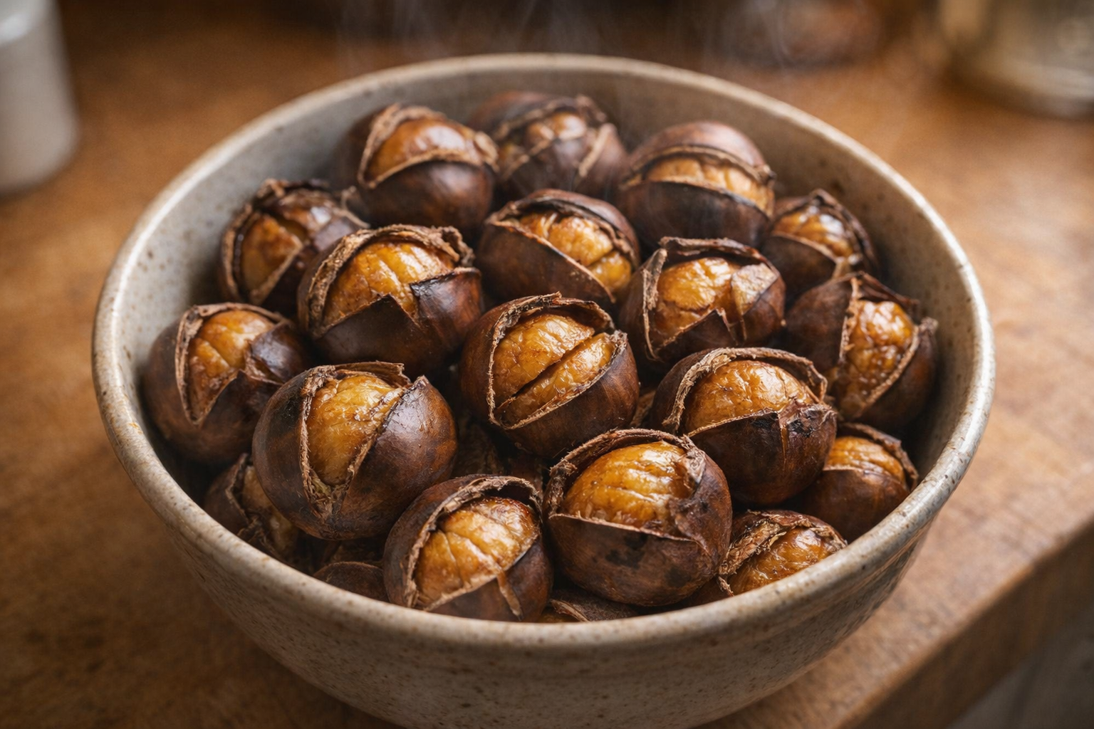 A top-down shot of a bowl of perfectly roasted chestnuts, shells slightly cracked open, revealing the golden brown nut inside, warm and inviting lighting